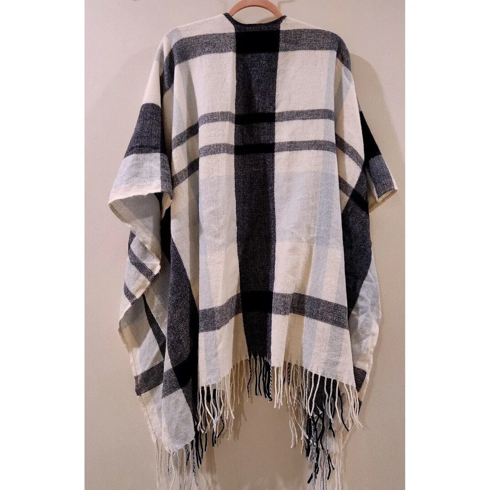 Banana Republic Plaid Shawl Wrap Fringe Preppy City Boho Open Front Cardi Size M